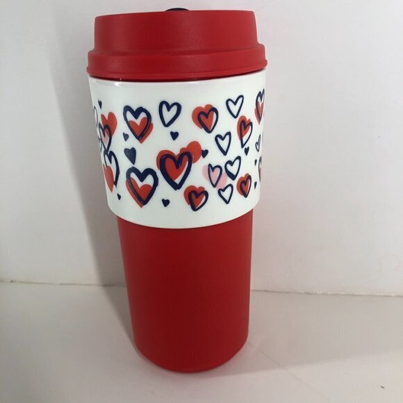 Tupperware Heart to Heart Red White Eco Cup To Go with Extra Lid Sz 490mL/16 oz - Picture 5 of 13
